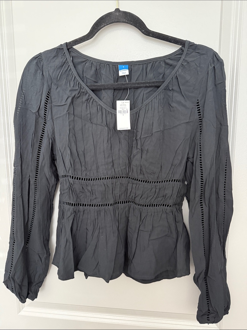 Old Navy Black Long-Sleeve Peplum Blouse with Ladder Trim
